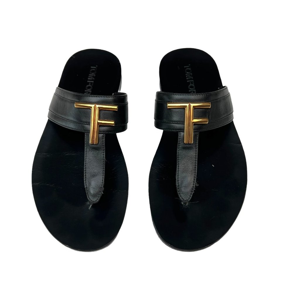 Tom Ford Black Leather Sandals with Gold Logo